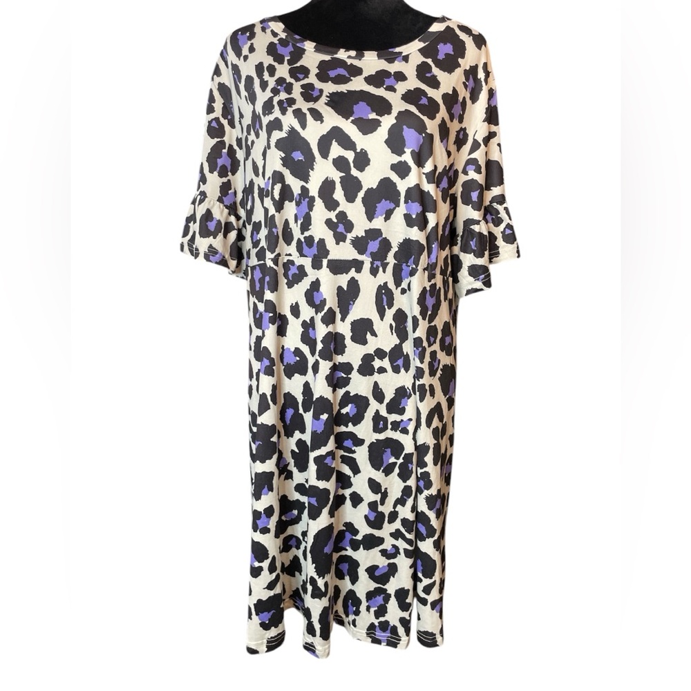 Shein Leopard Print Short Sleeve Midi Dress with Purple, Cream, Black